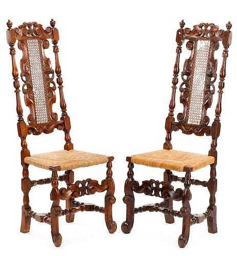Pair of Jacobean Stained Oak Hall Chairs, 17th C.