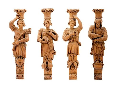 Set of 18th C. Flemish Wood Pilasters, 4 Seasons