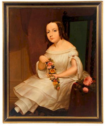 19th C. American School Portrait, Girl with Roses