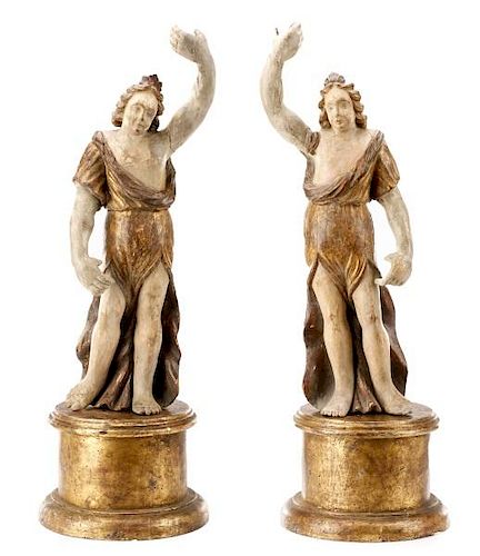 Pair, 18th C. Italian Gilt & Polychrome Figures