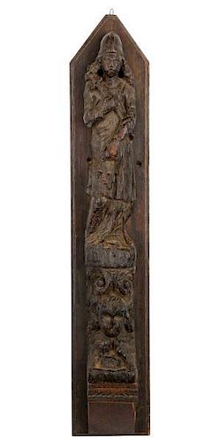 English Carved Oak Figural Pilaster, 16th Century