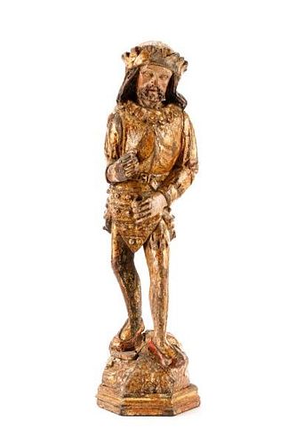 16th C. Flemish Polychrome Soldier Saint Carving