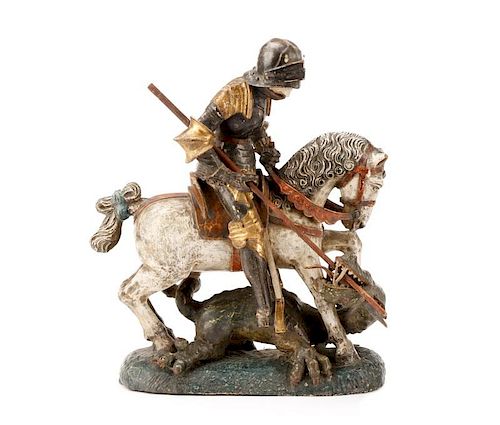 17th C. Carved Wood Sculpture, St. George & Dragon
