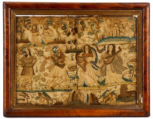 Framed English Stumpwork Panel, 17th Century