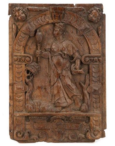 German 17th C. Carved Oak Relief of Prudentia