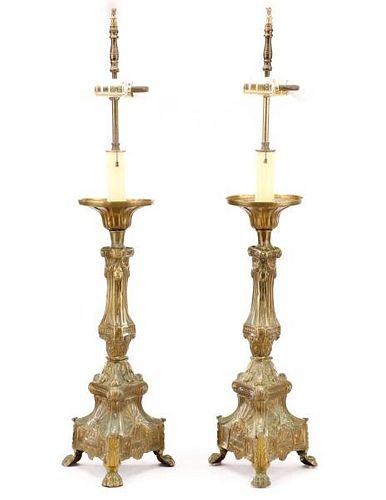 Pair, Late 19th C. Brass Altar Stick Table Lamps