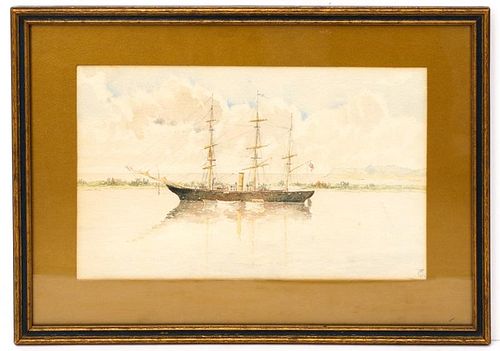 American Ship in Calm Harbor, Watercolor, 19th C.