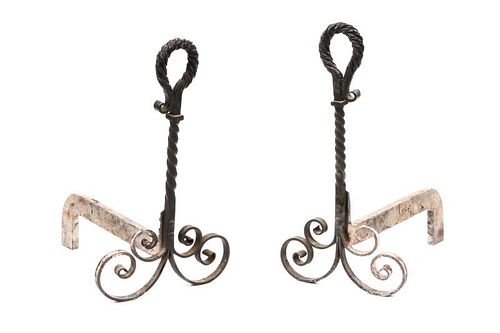 Pair of Wrought Black Iron Andirons, 19th C.