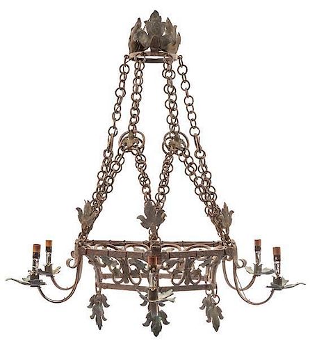 * A Baroque Style Wrought Iron Six-Light Chandelier Height 51 inches.