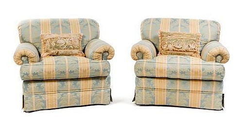 * A Pair of Upholstered Armchairs Height 35 x width 39 x depth 36 inches.