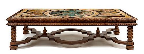 * A Louis XIII Style Walnut and Marble Low Table Height 18 x width 72 x depth 40 inches.