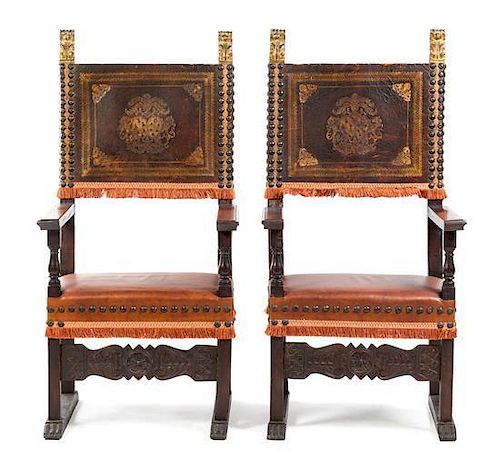 * A Pair of Italian Baroque Style Walnut Armchairs Height 54 1/2 inches.