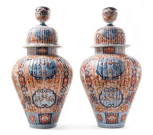 * A Pair of Large Imari Palette Porcelain Jars Height 30 inches.