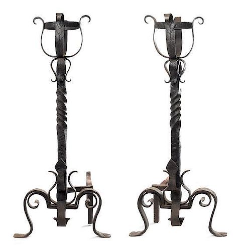 * A Pair of Large Wrought Iron Andirons Height 39 inches.