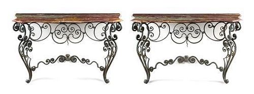 * A Pair of Rococo Style Wrought Iron and Onyx Console Tables Heigh 34 x width 56 x depth 21 1/4 inches.