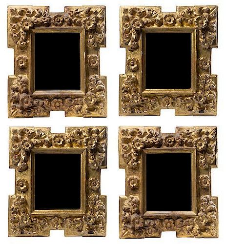 * A Set of Four Spanish Baroque Giltwood Frames Height 18 x width 16 inches.