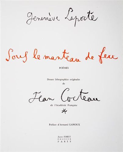 * (COCTEAU, JEAN) LAPORTE, GENEVIEVE. Sous le manteau de feu. Paris, 1955. Limited, signed.