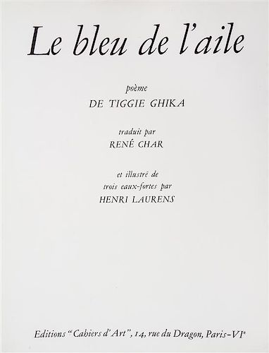 * (LAURENS, HENRI) GHIKA, TIGGIE. Le bleu de l'aile. Paris, 1948. Limited. Inscribed by Ghika to Jean Paulhan.