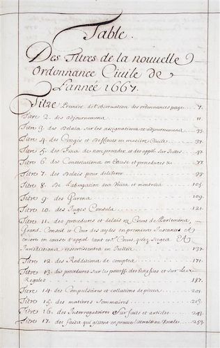 COLBERT, JEAN BAPTISTE. Proces verbal de l'ordonnances civil et Criminal De 1667. [s.l.], ca. 1680. Original manuscript, 1052pp.