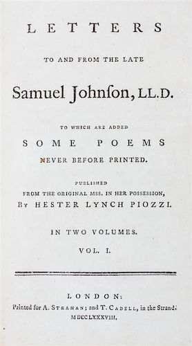 JOHNSON, SAMUEL; PIOZZI, HESTER LYNCH. Letters to and from the Late Samuel Johnson. London, 1788. First edition.