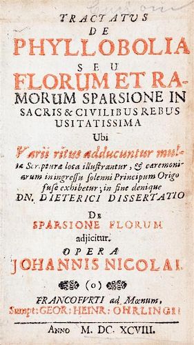 NICOLAI, JOHANN. Tractatus de Phyllobolia, Tractatus de Calcarium, Disquisitio de Chirothecarum. First editions bound together.