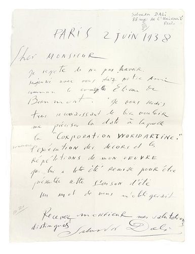 * DALI, SALVADOR. Autographed letter signed. Dated June 2, 1938. Paris.