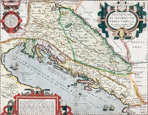 * (MAP) ORTELIUS, ABRAHAM. Pannoniae, et Illyrici ve Teris Tabula. Ex contibus geographics ABRA hami Ortely Antuerpiani. Antwerp