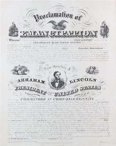 (LINCOLN, ABRAHAM) A. KIDDER. Proclamation of Emancipation by the President of the United States. Engraved boradside. Chicago, [