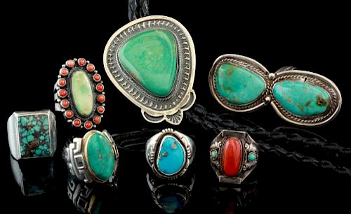 SIX NAVAJO STERLING TURQUOISE RINGS AND BOLO TIE