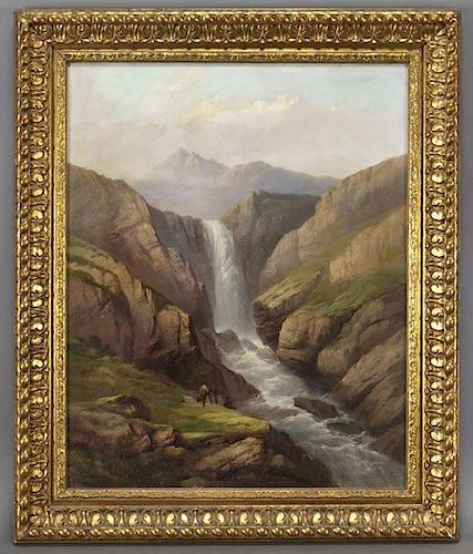 Hermann Herzog, "Waterfall" oil on canvas.