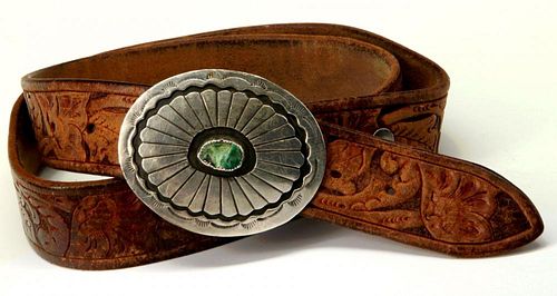STERLING BELT BUCKLE WITH TOOLED LEATHER BELT
