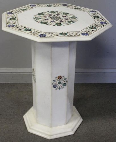 Inlaid Marble Pedestal Table With Octagonal Top.