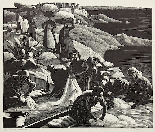 Clair Leighton (British/American, 1898-1989) "Corsican Washerwoman", 1936, wood engraving