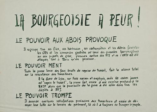 Atelier Populaire "La Bourgeoisie a Peur!" Poster