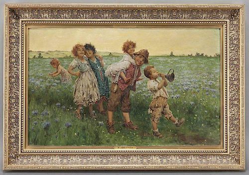 F. Oliva, "Children Playing in the Field" oil on