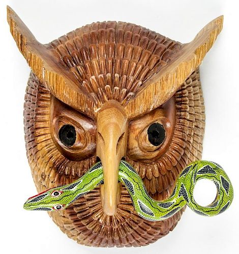 Finely Carved and Signed Juan Horta Owl and Snake Mask