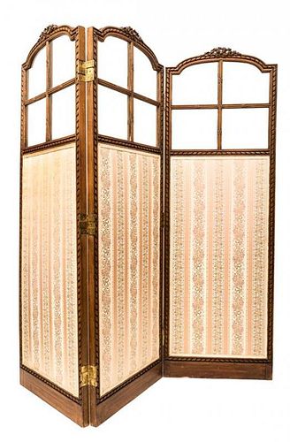 A Louis XVI Style Walnut Three-Panel Floor Screen Height 59 1/2 x width of each panel 19 1/4 inches.