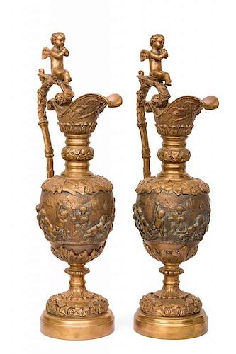 A Pair of Neoclassical Gilt Bronze Ewers Height 17 inches.