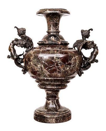 A Neoclassical Bronze Mounted Marble Urn Height 22 3/4 inches.