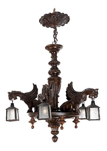A Neoclassical Carved Oak Five-Light Chandelier Diameter 35 inches.