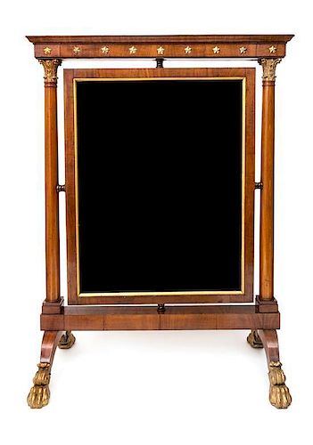 A French Empire Style Parcel Gilt Mahogany Cheval Mirror Height 47 3/4 x width 34 inches.
