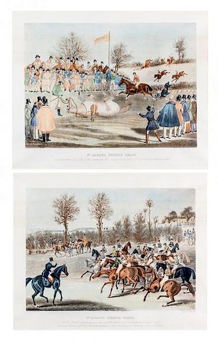 A Pair of English Handcolored Engravings Height overall 29 x width 30 inches.
