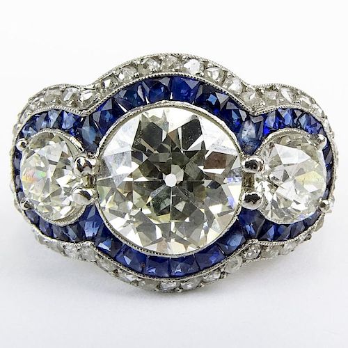 Stunning Art Deco Design Approx. 3.51 Carat European Cut Diamond, Sapphire and Platinum Three Stone Engagement Ring.
