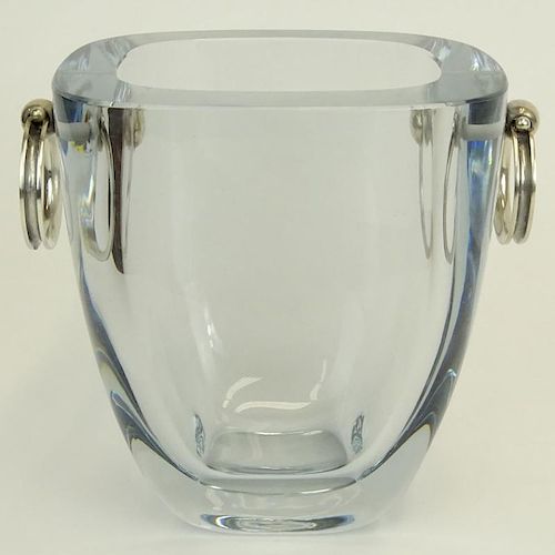 Mid Century Stromberg Shyttan Heavy Ice Blue Crystal Ice Bucket with Silver Ring Handles.