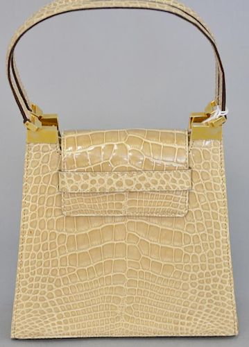 Rene Mancini tan alligator skin leather handbag purse with original dust bag, excellent condition. 7 1/2" x 8" x 3"