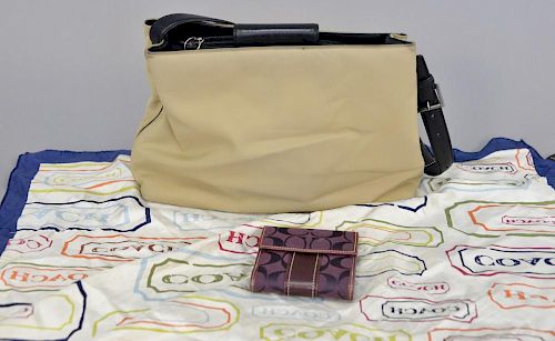 Coach canvas and leather bag with purple wallet and silk scarf, bag: 9 1/2" x 13" x 4", wallet: 3 1/2" x 4" x 1"
