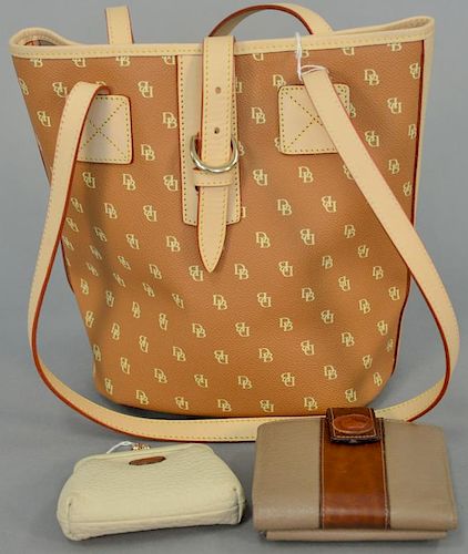 Three piece lot including Dooney & Bourke leather monogrammed handbag (9 3/4" x 10 1/2" x 5 1/4"), a Dooney & Bourke leather wallet...