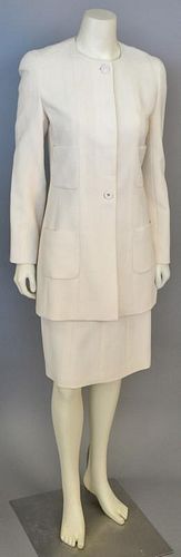 Chanel two piece suit, ivory wool, fine boucle and silk lining including long jacket and matching skirt.