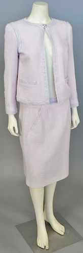 Chanel two piece tweed, novelty weave pink suit with jacket and skirt (size 38).