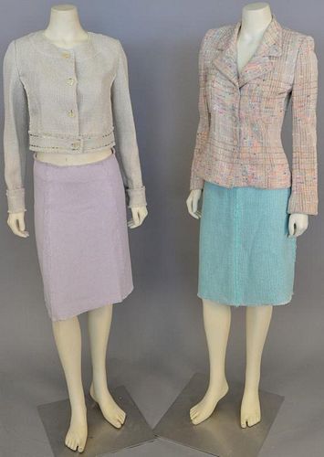 Five womens tweed suit pieces including Balmain Paris jacket, purple skirt, and blue skirt along with Emanuel Ungaro...